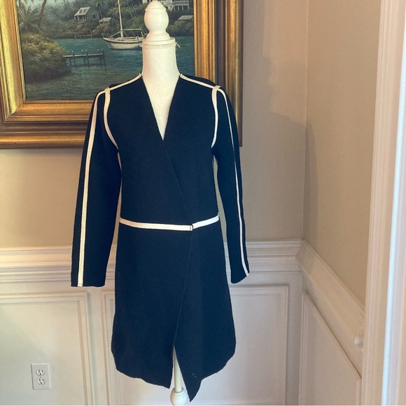 ALICE OLIVIA Black Cream Stripe Wool Long Open Sweater Cardigan Jacket - Picture 2 of 9